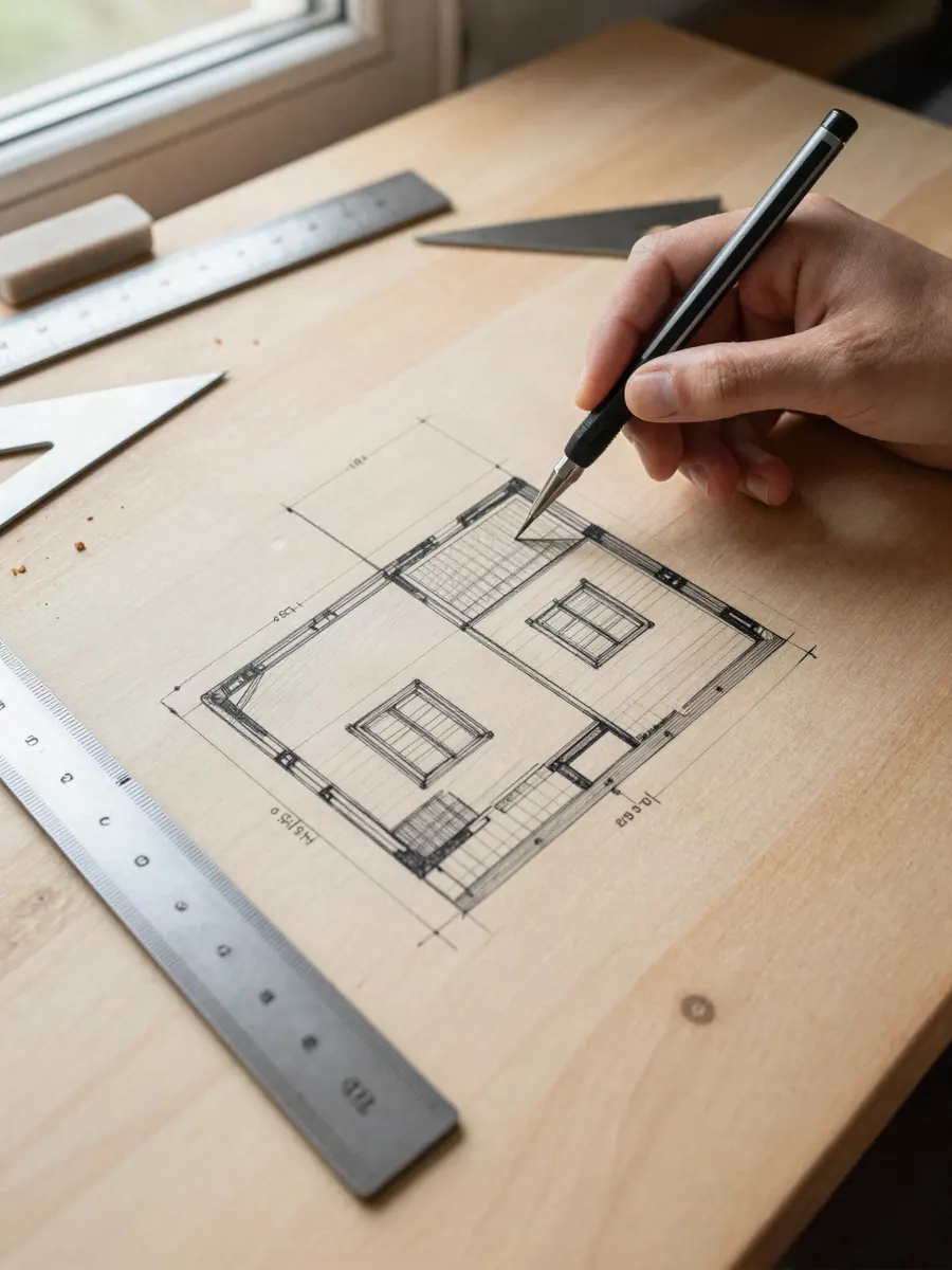 Plano de una casa dibujado a mano en el tablero
