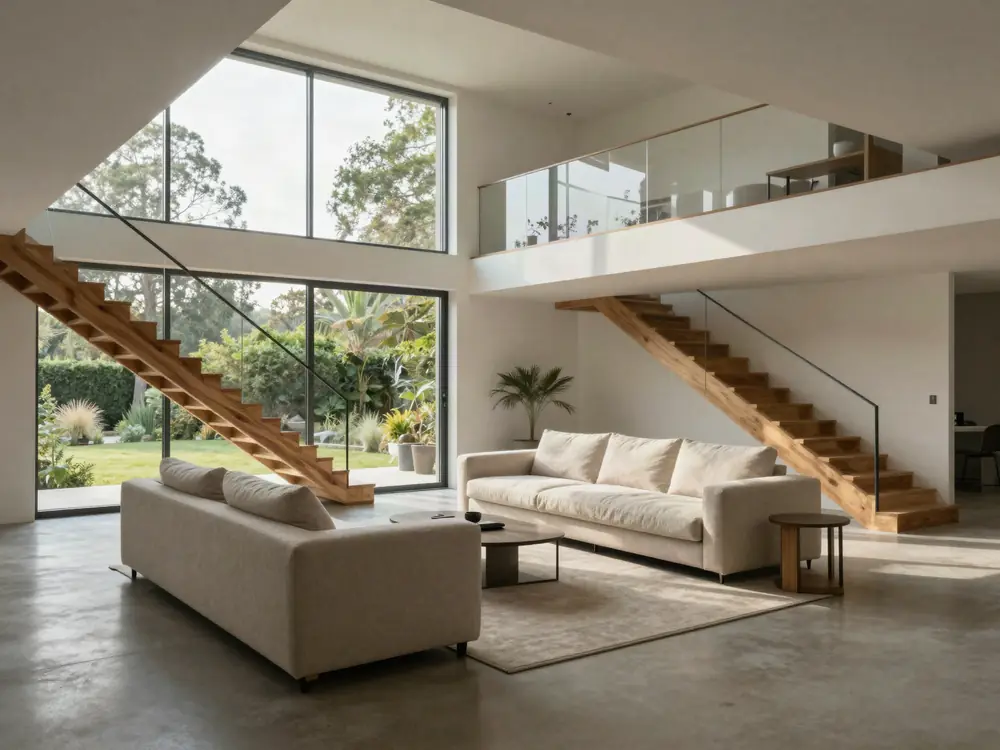 Living de doble altura: escalera de madera y ventanal al jardín