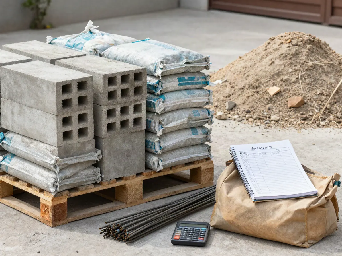 Ladrillos, bolsas de cemento, arena y hierro en un terreno, con la lista de materiales