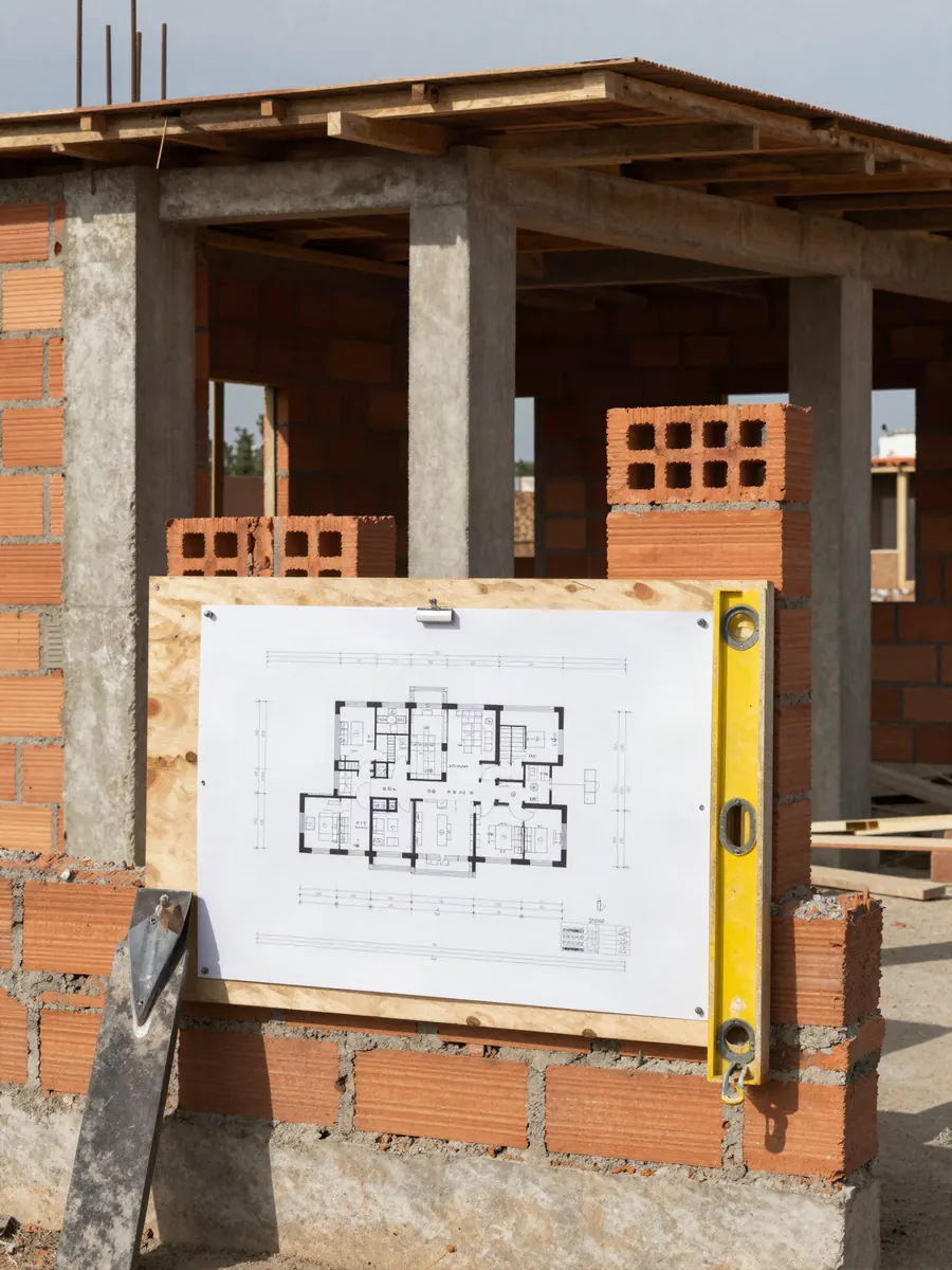Obra de ladrillo en construcción con el croquis guía a la vista